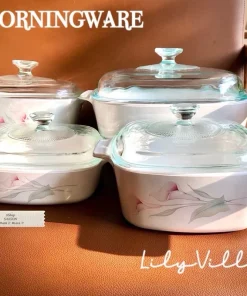 CORNINGWARE - Lilyville - 01 Nồi Vuông Thuỷ Tinh Vitrelle [Bao Gồm Nắp] Hoa Bách Hợp [Bán Lẻ]