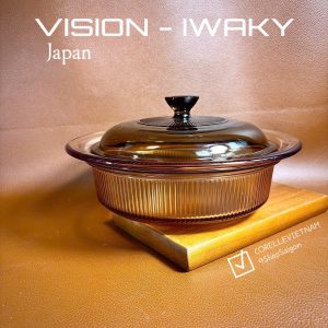 [Hiếm] VISIONS IWAKI - 01 Nồi Thuỷ Tinh Chịu Sốc Nhiệt Màu Hổ Phách Đậm Vân Sọc 1.1Lit