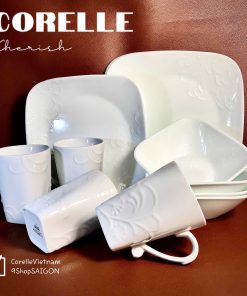 [Hiếm] Corelle USA - Cherish - Full 16 Món Bộ Tô Dĩa Cốc Điêu Khắc Chạm Trổ