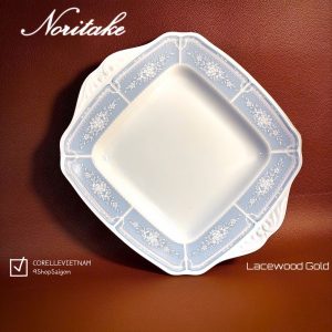 NORITAKE 100%New - Lacewood Gold - 01 Dĩa Vuông Size Đại Lam Anh Kim Diệp Vân Nổi Viền Vàng
