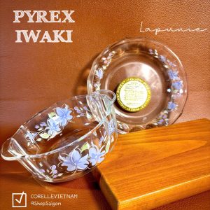 [PYREX - IWAKI] - Lapunie - Combo 2 Chiếc Thố + Đĩa Bằng Thuỷ Tinh Chịu Sốc Nhiệt Hoa Tử Đằng