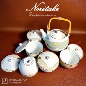 NORITAKE 100%New - Saganoji - Full Bộ Ấm + Chén Trà Bằng Sứ Xương Từ Nghệ Nhân