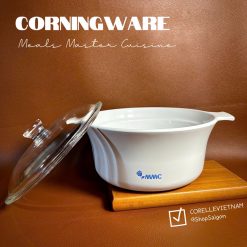 CorningWare - Just White Winter - 01 Nồi Tròn Thuỷ Tinh Vitrelle 2.0L Full Trắng MMC