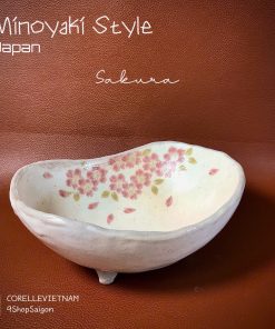 [Japan Limited 100%New] Minoyaki Style - 01 Chiếc Thố/ Tô/ Bát Có Chân Khắc Vẽ Hoa Anh Đào