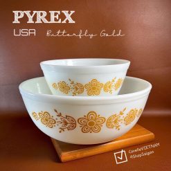 [Hiếm] PYREX USA - Butterprint Gold - Combo 02 Chiếc Thố/ Khuôn Thuỷ Tinh Thượng Hạng